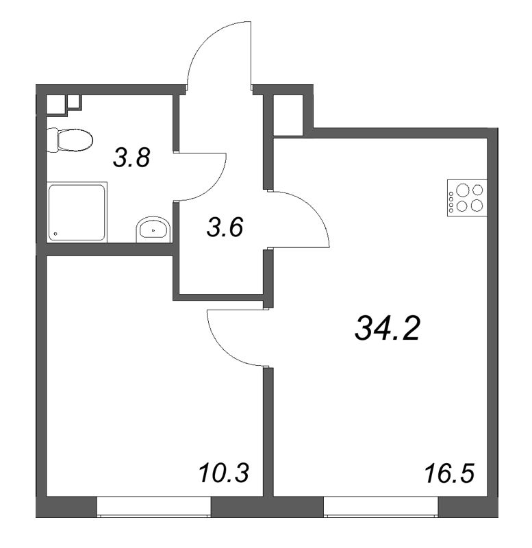 2-комнатная (Евро) квартира, 34.2 м² в ЖК "Пулково Lake" - планировка, фото №1