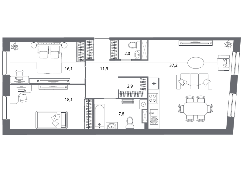 3-комнатная (Евро) квартира, 96 м² в ЖК "Северная корона" - планировка, фото №1