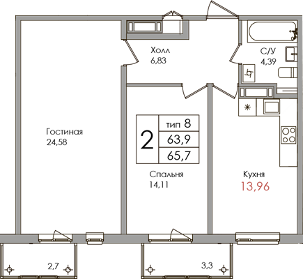 2-комнатная квартира, 63.9 м² - планировка, фото №1