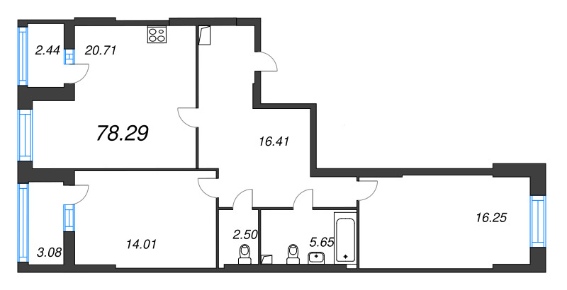 3-комнатная (Евро) квартира, 80.7 м² в ЖК "Аквилон Ливз" - планировка, фото №1