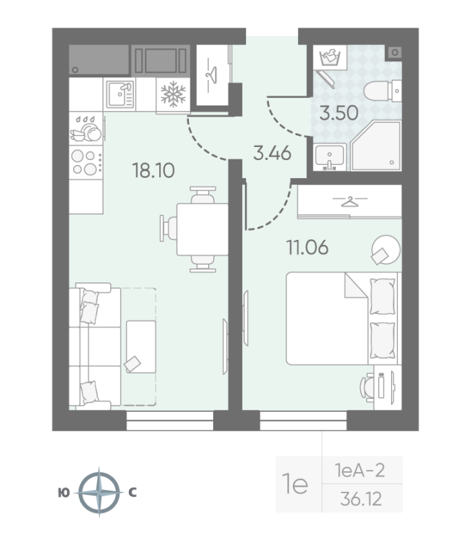 1-комнатная квартира, 35.57 м² в ЖК "Морская миля" - планировка, фото №1