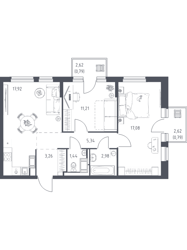 3-комнатная (Евро) квартира, 60.81 м² в ЖК "Новое Колпино" - планировка, фото №1