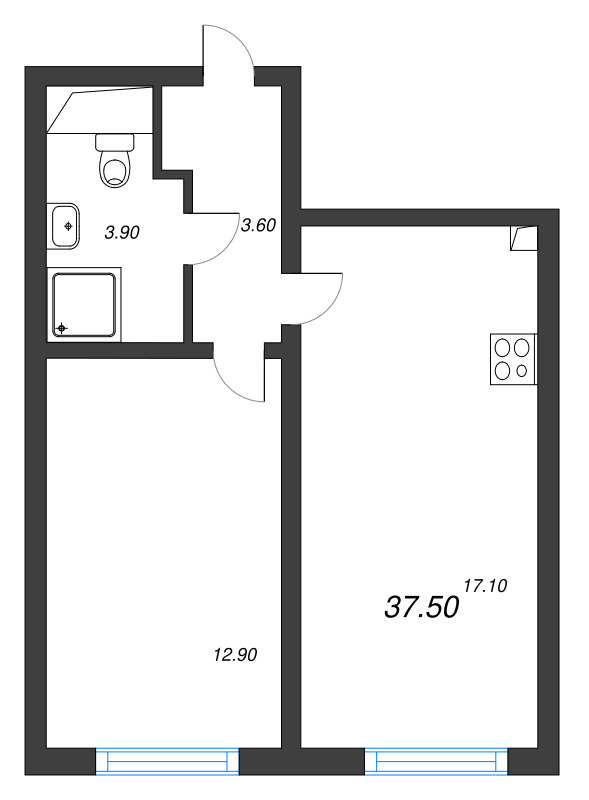 2-комнатная (Евро) квартира, 37.5 м² в ЖК "Ручьи" - планировка, фото №1
