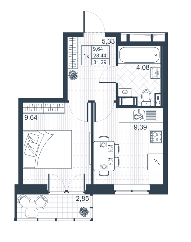 1-комнатная квартира, 29.3 м² - планировка, фото №1