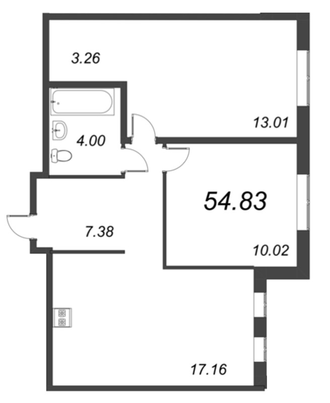 3-комнатная (Евро) квартира, 54.83 м² - планировка, фото №1