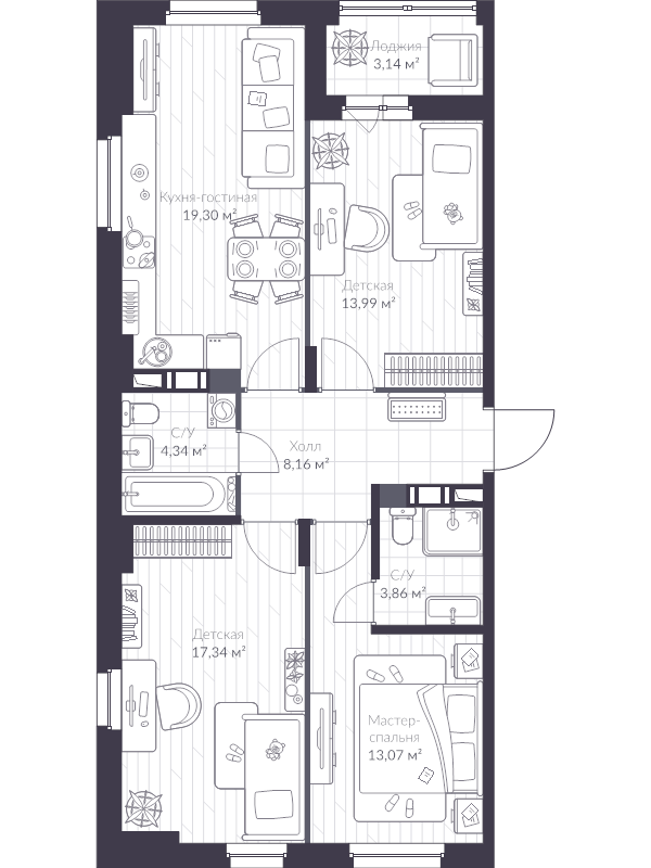 4-комнатная (Евро) квартира, 82.9 м² в ЖК "VEREN NEXT шуваловский" - планировка, фото №1