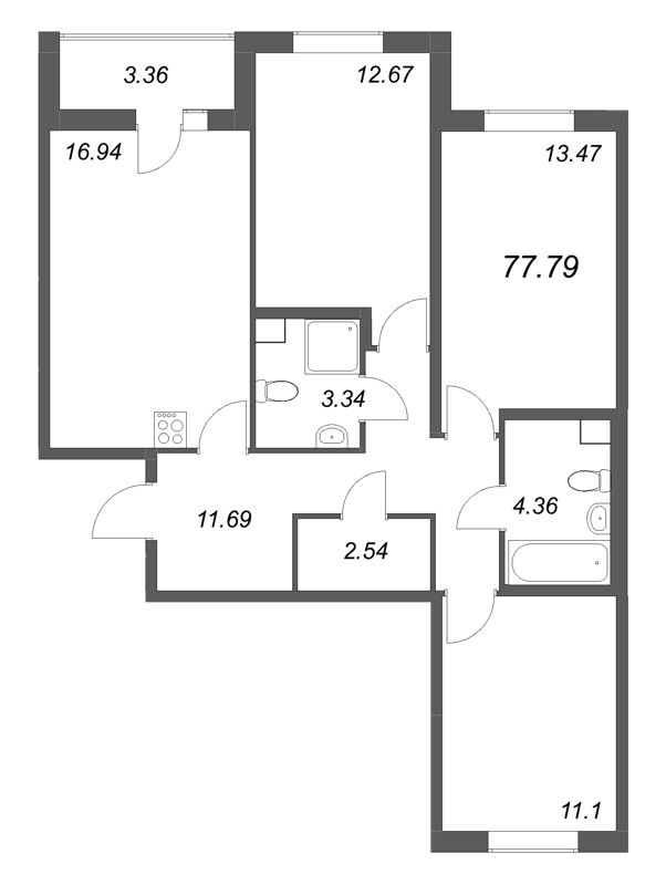 4-комнатная (Евро) квартира, 77.79 м² в ЖК "Кинопарк" - планировка, фото №1
