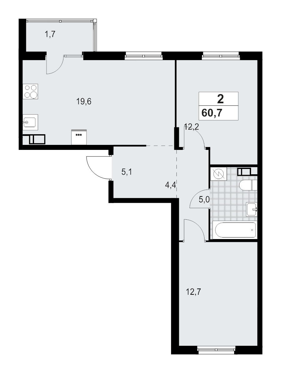 3-комнатная (Евро) квартира, 60.72 м² в ЖК "А101 Лаголово" - планировка, фото №1