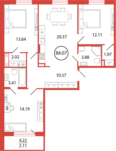 4-комнатная (Евро) квартира, 84.07 м² в ЖК "Энфилд" - планировка, фото №1