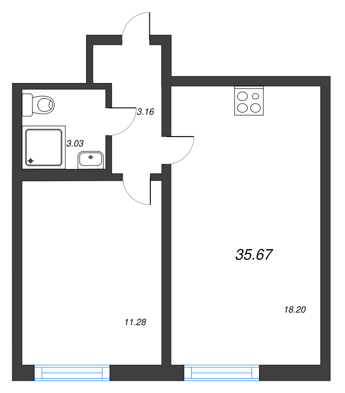 2-комнатная (Евро) квартира, 35.67 м² - планировка, фото №1