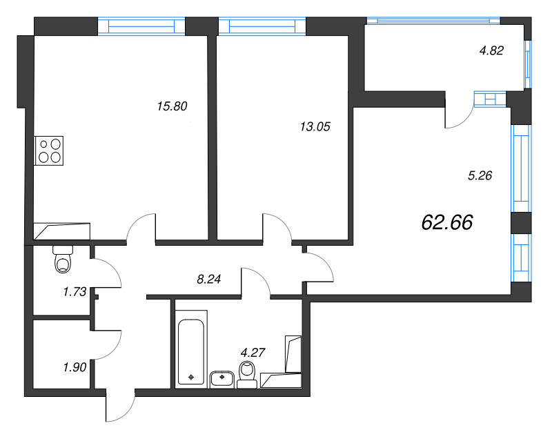 3-комнатная (Евро) квартира, 62.66 м² - планировка, фото №1