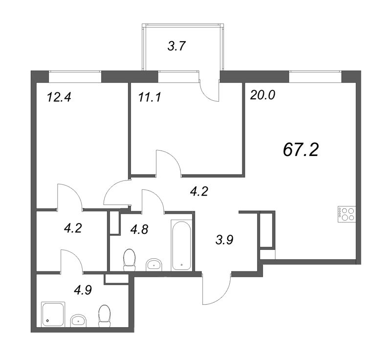 3-комнатная (Евро) квартира, 67.2 м² - планировка, фото №1