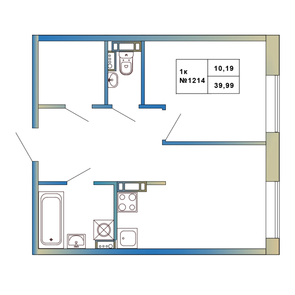 1-комнатная квартира, 39.99 м² в ЖК "Атмосфера Выборга" - планировка, фото №1