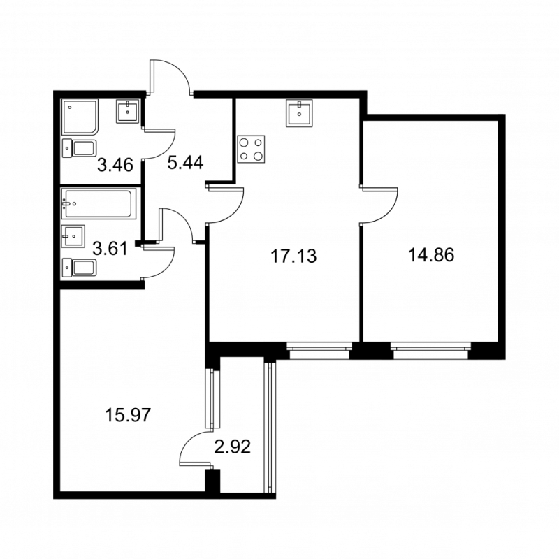3-комнатная (Евро) квартира, 61.93 м² в ЖК "Квартал Заречье" - планировка, фото №1