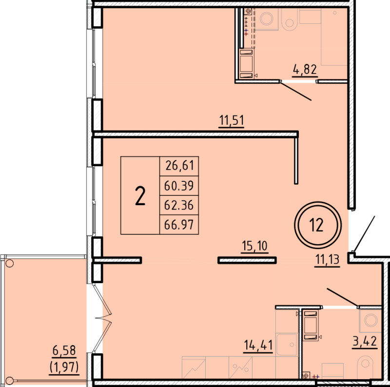 2-комнатная квартира, 60.39 м² в ЖК "Образцовый квартал 16" - планировка, фото №1