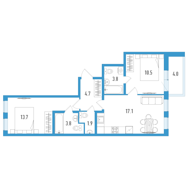 3-комнатная (Евро) квартира, 57.5 м² - планировка, фото №1