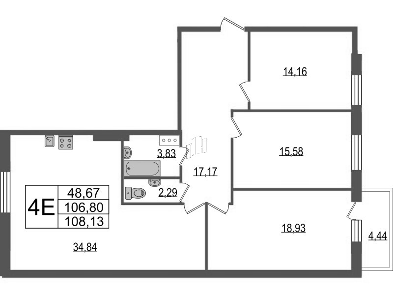 4-комнатная (Евро) квартира, 108.1 м² в ЖК "TESORO" - планировка, фото №1