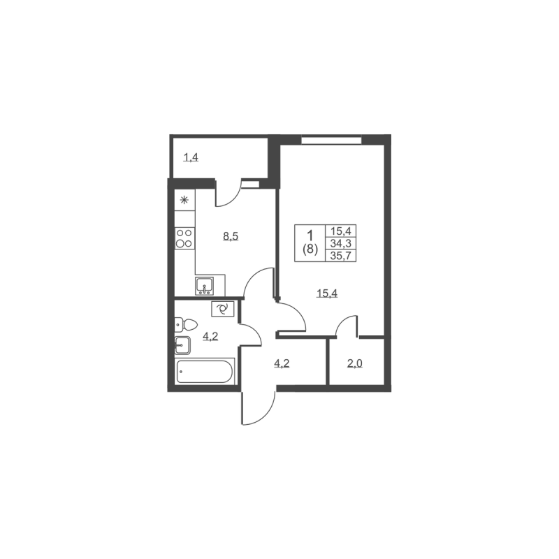 1-комнатная квартира, 35.7 м² в ЖК "Ермак" - планировка, фото №1