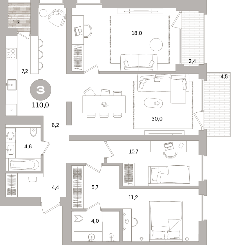 4-комнатная (Евро) квартира, 110.1 м² - планировка, фото №1