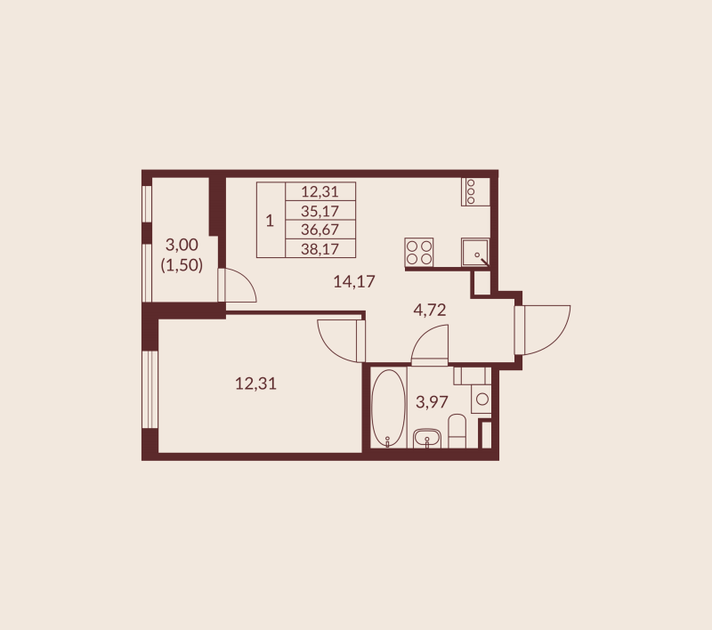 1-комнатная квартира, 36.67 м² в ЖК "Амурино" - планировка, фото №1