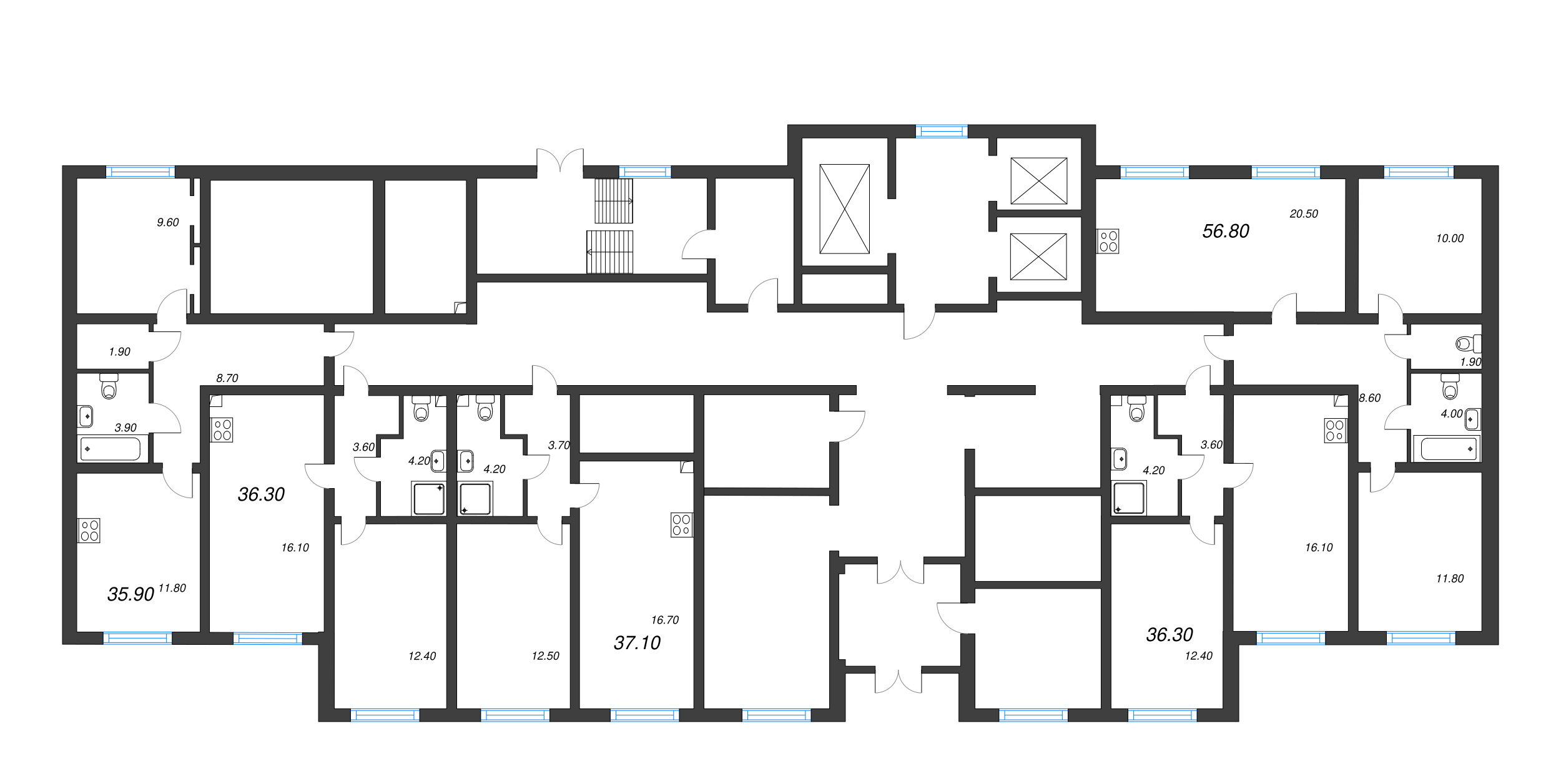 3-комнатная (Евро) квартира, 56.8 м² в ЖК "Ручьи" - планировка этажа