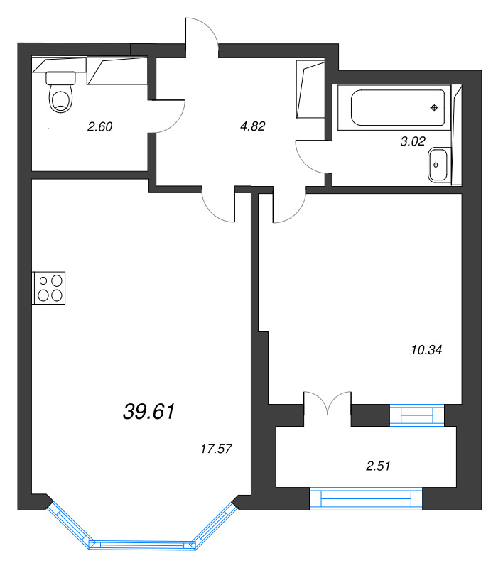2-комнатная (Евро) квартира, 39.61 м² - планировка, фото №1