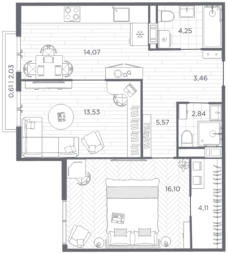 2-комнатная квартира, 64.54 м² - планировка, фото №1
