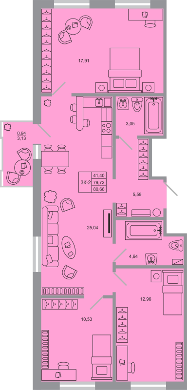 4-комнатная (Евро) квартира, 80.66 м² в ЖК "Стороны света-2" - планировка, фото №1