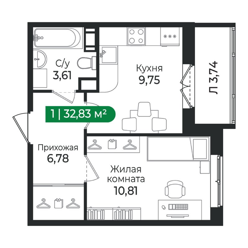 1-комнатная квартира, 32.83 м² в ЖК "Сертолово Парк" - планировка, фото №1