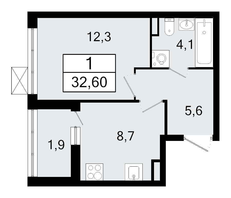 1-комнатная квартира, 32.6 м² в ЖК "А101 Всеволожск" - планировка, фото №1