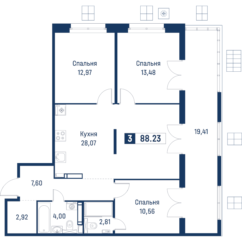 4-комнатная (Евро) квартира, 88.23 м² в ЖК "Символист" - планировка, фото №1