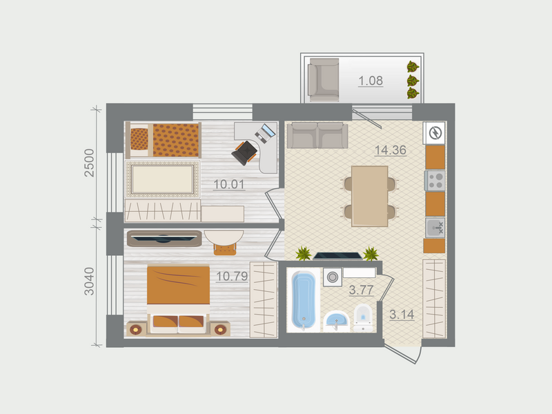 2-комнатная квартира, 43.15 м² в ЖК "Эко Квартал Гармония" - планировка, фото №1