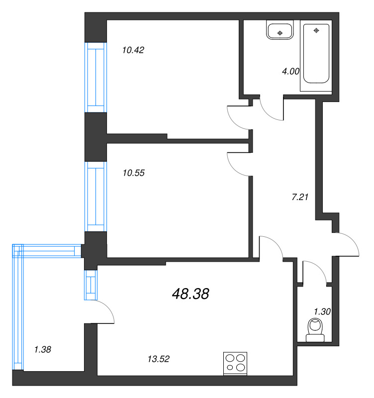 2-комнатная квартира, 48.38 м² - планировка, фото №1
