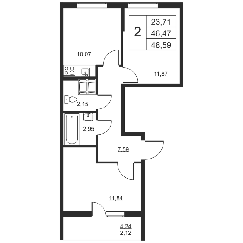 2-комнатная квартира, 48.59 м² в ЖК "Высота" - планировка, фото №1