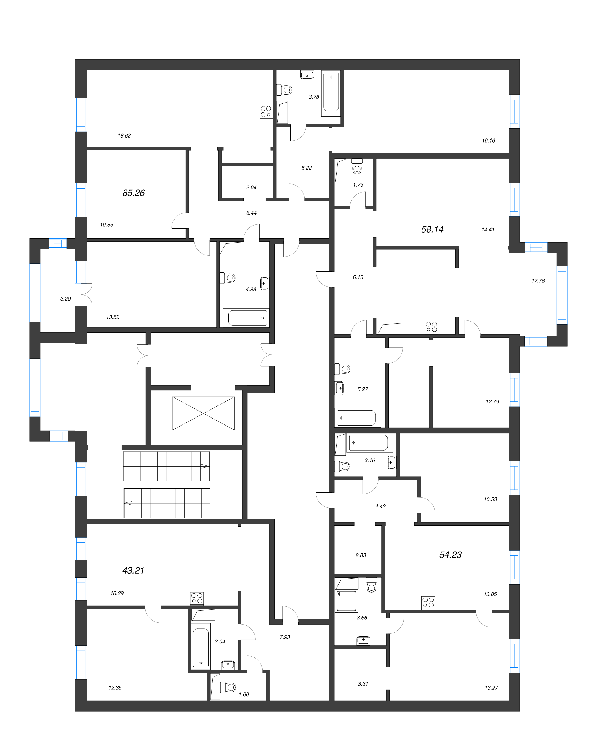 4-комнатная (Евро) квартира, 85.26 м² - планировка этажа