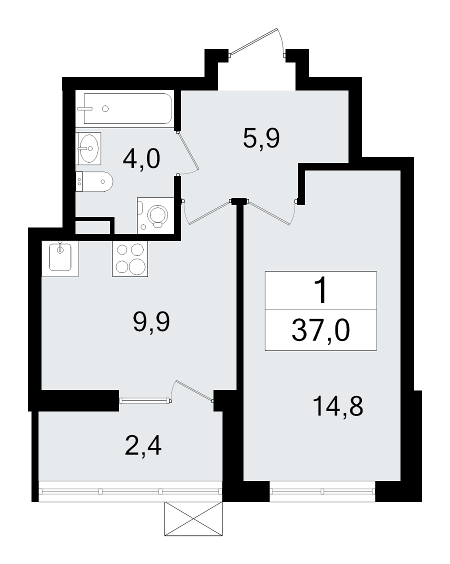 1-комнатная квартира, 37 м² - планировка, фото №1