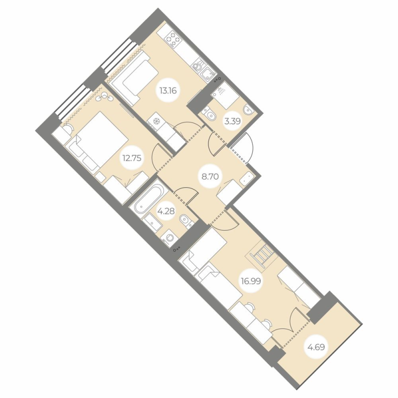 2-комнатная квартира, 61.61 м² в ЖК "Огни Залива" - планировка, фото №1