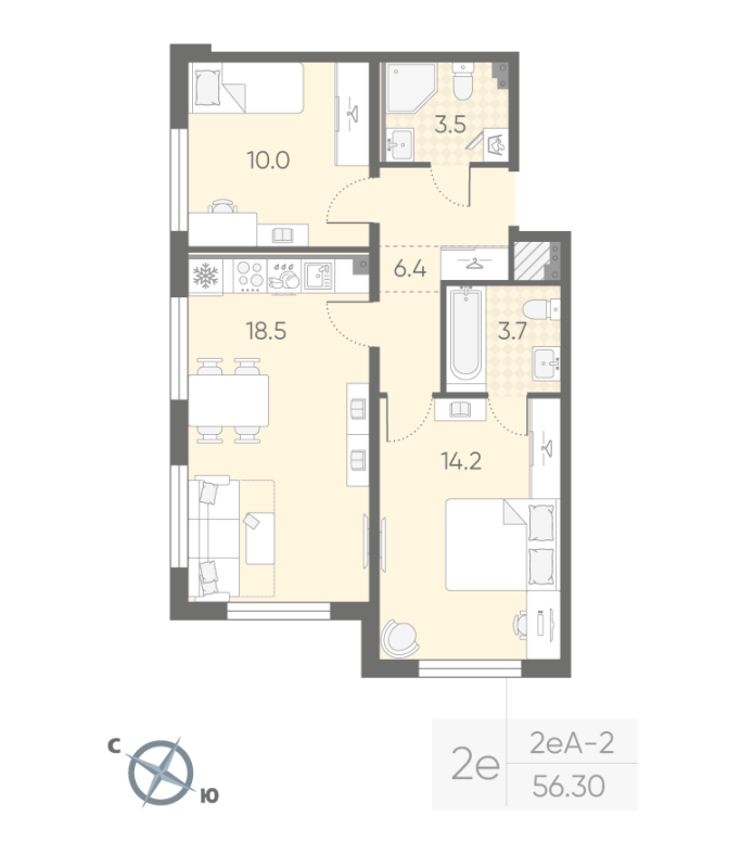 3-комнатная (Евро) квартира, 56.3 м² в ЖК "Пулково Лейк" - планировка, фото №1