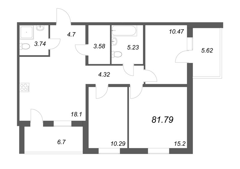 4-комнатная (Евро) квартира, 75.63 м² в ЖК "Юттери" - планировка, фото №1