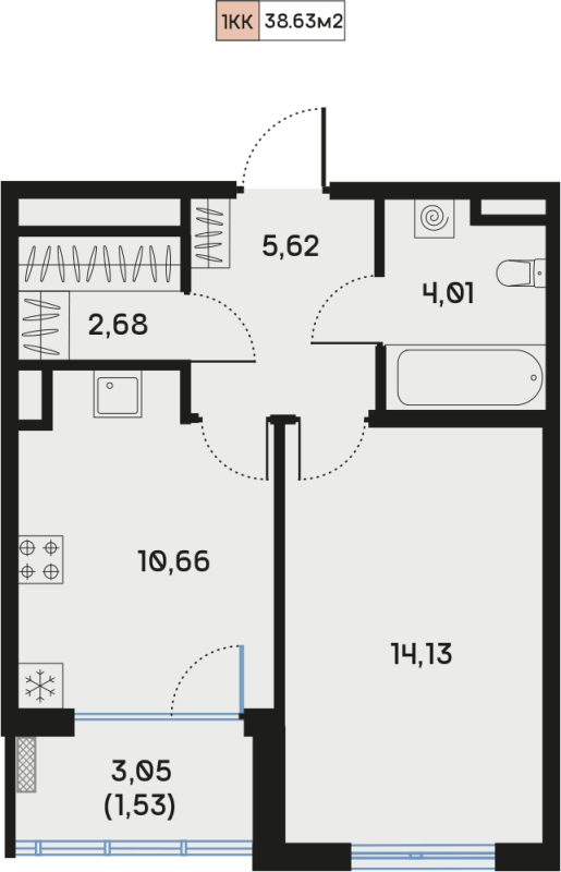 1-комнатная квартира, 38.63 м² - планировка, фото №1