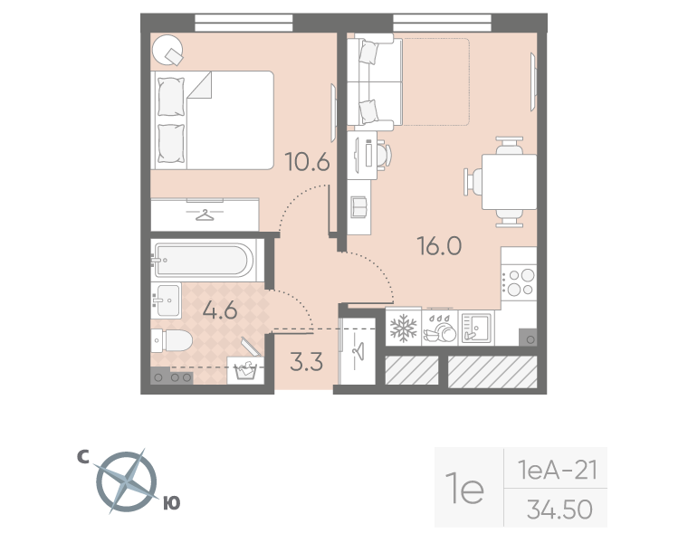 2-комнатная (Евро) квартира, 34.5 м² в ЖК "Пулково Lake" - планировка, фото №1