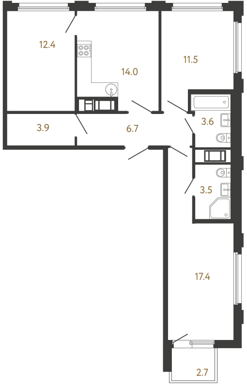 3-комнатная квартира, 73 м² в ЖК "Гений" - планировка, фото №1