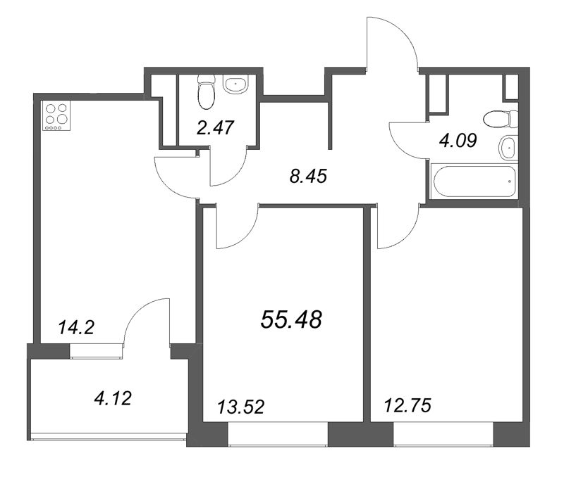 2-комнатная квартира, 55.48 м² в ЖК "Дом на Курской" - планировка, фото №1