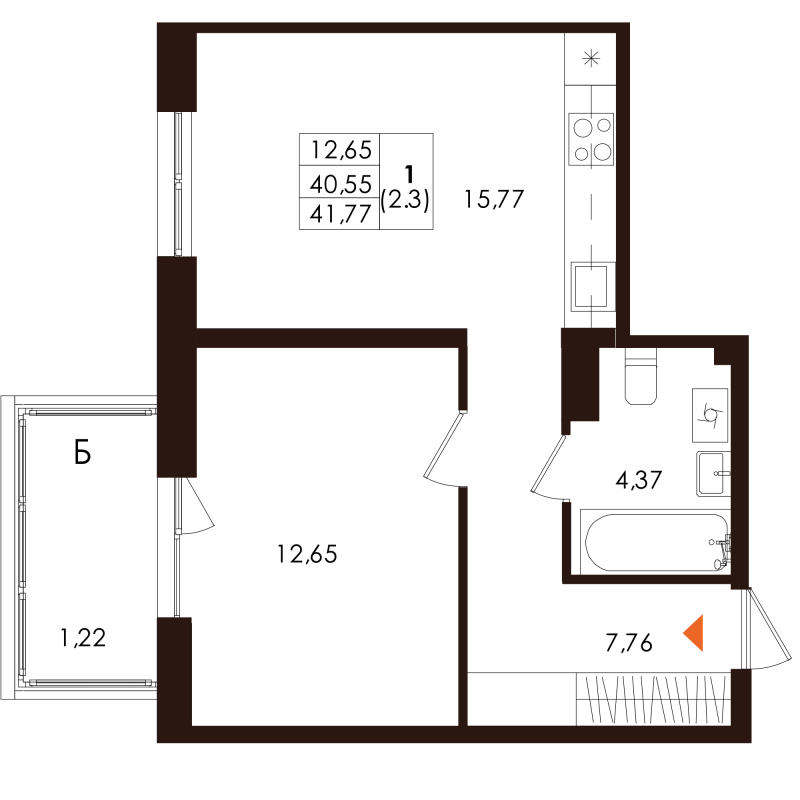 2-комнатная (Евро) квартира, 41.77 м² - планировка, фото №1