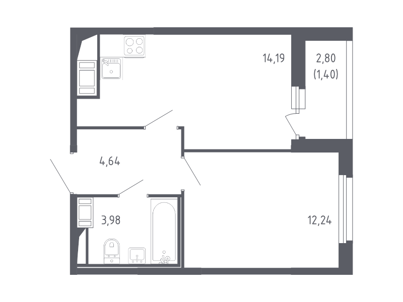 1-комнатная квартира, 36.45 м² - планировка, фото №1