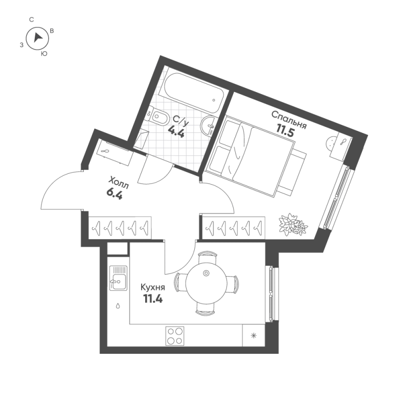 1-комнатная квартира, 33.7 м² в ЖК "Клюква.Парк" - планировка, фото №1