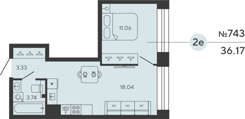 2-комнатная (Евро) квартира, 36.17 м² в ЖК "Башни Элемент" - планировка, фото №1