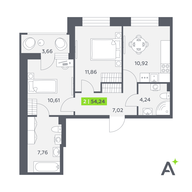 2-комнатная квартира, 54.24 м² в ЖК "Аквилон РекаПарк" - планировка, фото №1