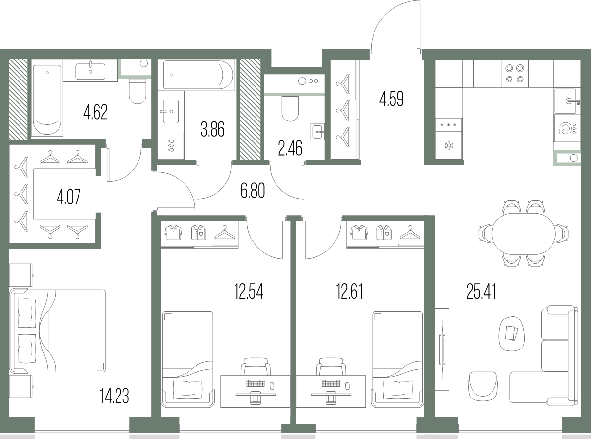 4-комнатная (Евро) квартира, 91.19 м² в ЖК "Легенда у моря" - планировка, фото №1