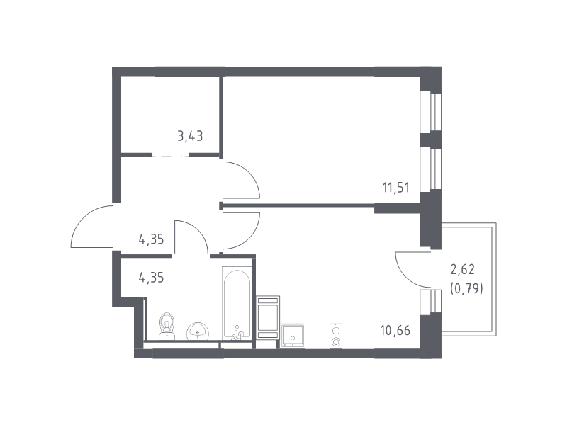 1-комнатная квартира, 35.09 м² в ЖК "Новое Колпино" - планировка, фото №1